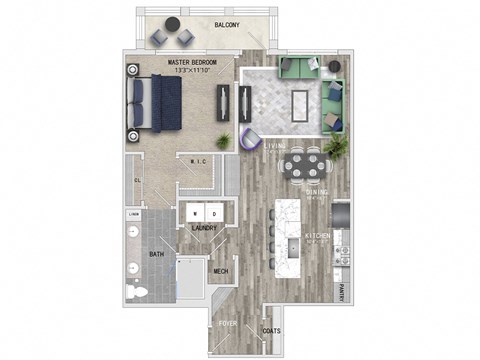 950 Square ft 1bed 1 bath 3D floor plan  at St Mary's Square North Apartments, Raleigh, North Carolina
